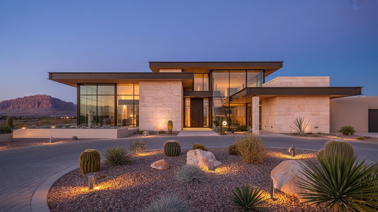 Modern desert home with glass walls, stone exterior, and illuminated cactus landscaping at dusk.