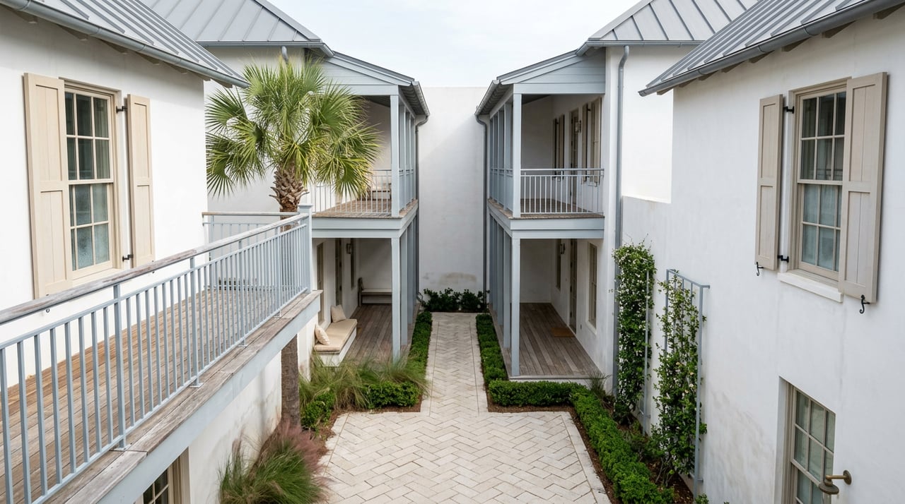 Herringbone limestone courtyard between white stucco buildings, with stacked blue-gray balconies, palmetto, and planted borders.