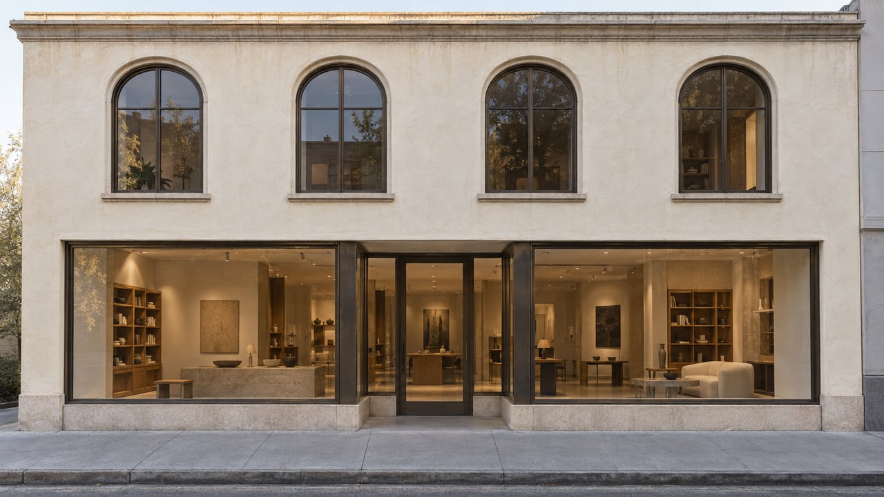 Two-story ivory stucco shopfront with arched upper windows, bronze-framed glass bays, and a limestone base.