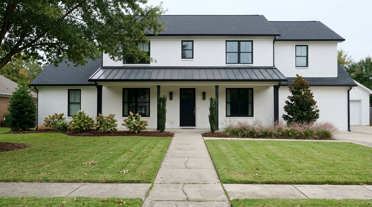 White brick two-story house with a black porch, deep lawn, concrete walkway, and mature tree.