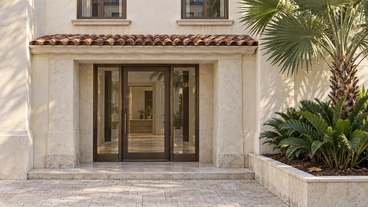 Cream stucco townhouse entrance with bronze-framed glazing, limestone paving, terracotta roof tiles and a sculptural fan palm.