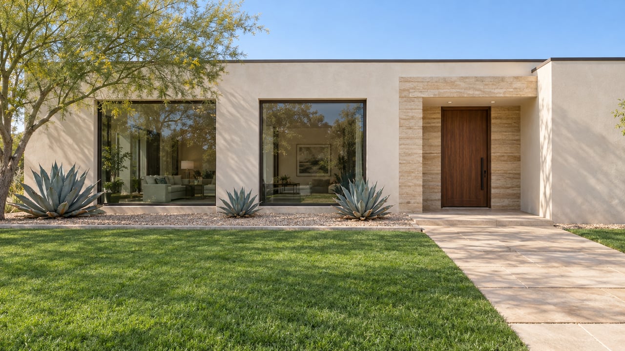 Desert-modern home with ivory stucco, limestone entry, bronze-framed windows and a broad lawn beside a sculptural blue palo verde tree.