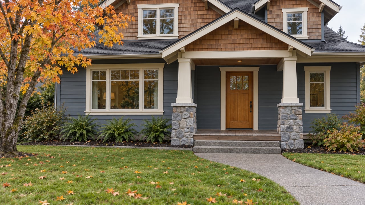 Slate-blue gabled home with a timber porch, damp concrete approach and orange-yellow vine maple beside a deep green lawn.