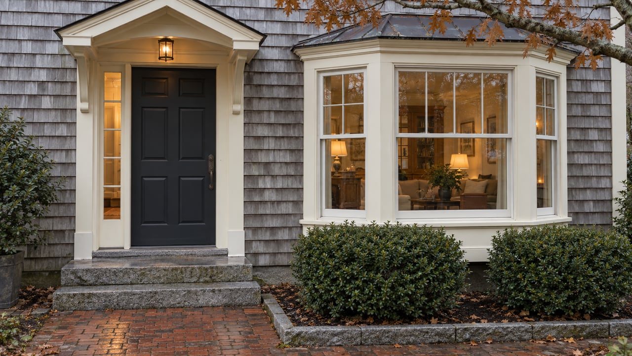 Historic shingle-clad house entry with granite steps, a bay window glowing warmly, and sparse copper leaves.