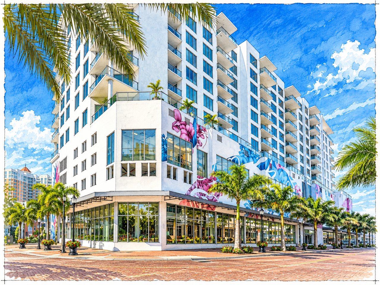 The Mark Sarasota tower with colorful floral murals, glass balconies, and palm-lined storefronts.