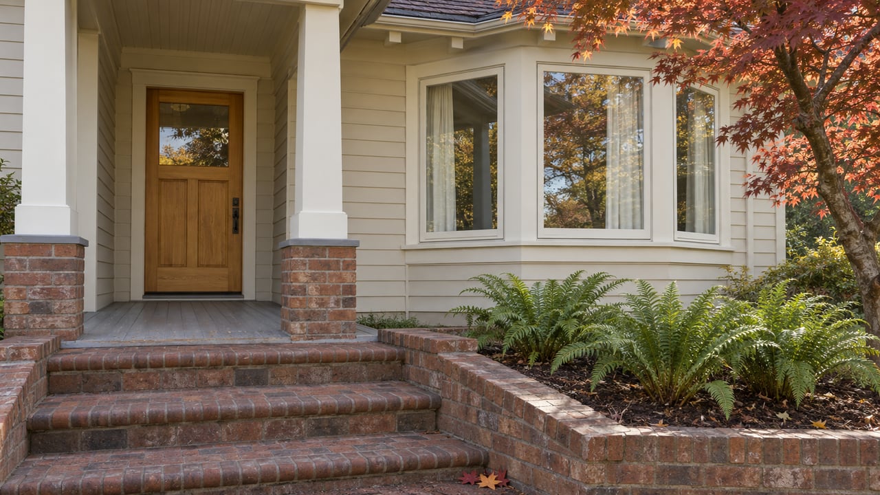 Cream clapboard bungalow with a timber front door, projecting bay window and worn brick steps beside an autumn Japanese maple.