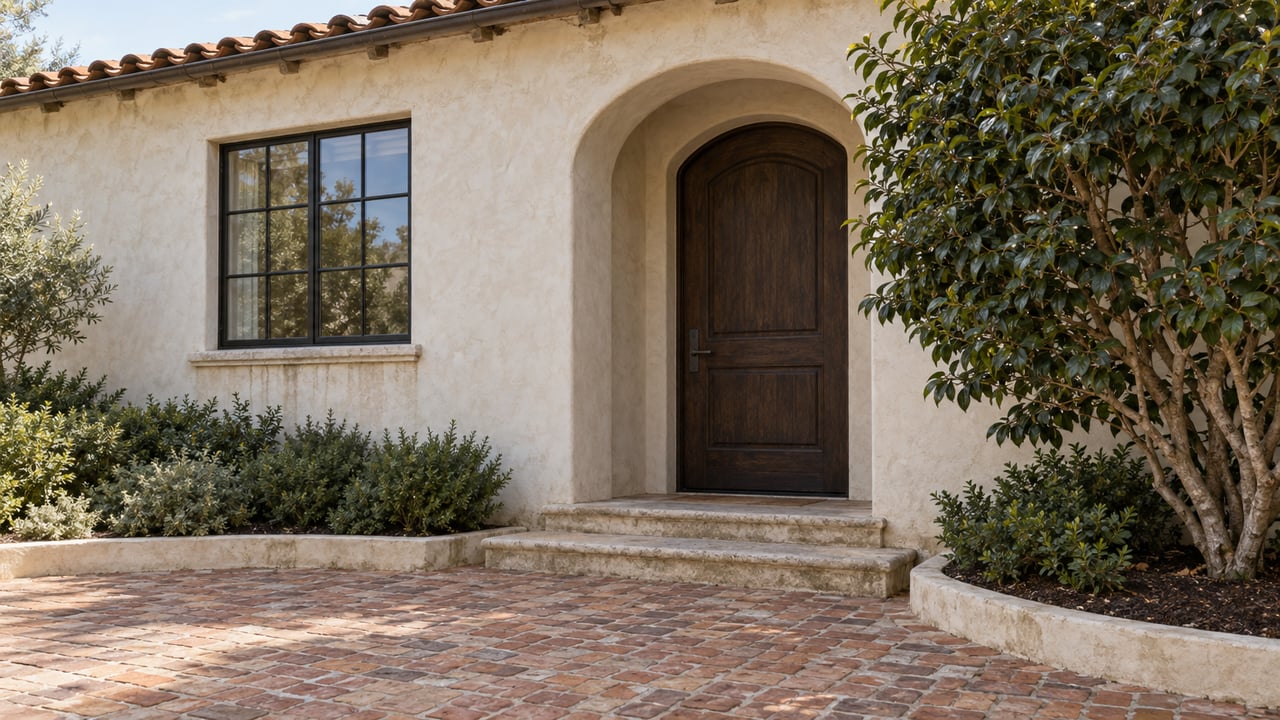Weathered stucco estate entrance with an arched oak door, black casement window, brick approach, and camellia.