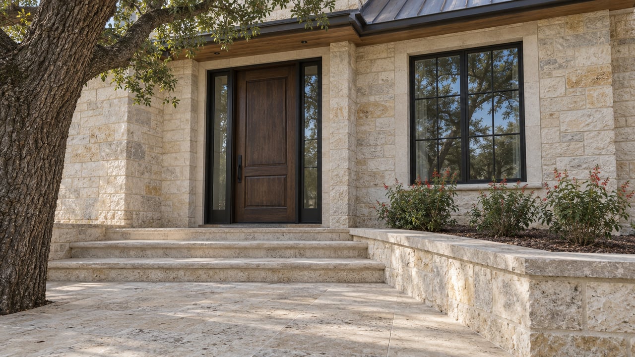 Pale limestone home entry with a dark oak door, black divided windows, broad stone steps and a mature branching oak.