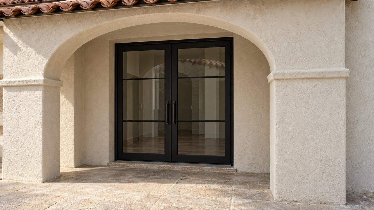 Sunlit stucco arch surrounding closed black-framed glass double doors above a worn limestone entry landing.