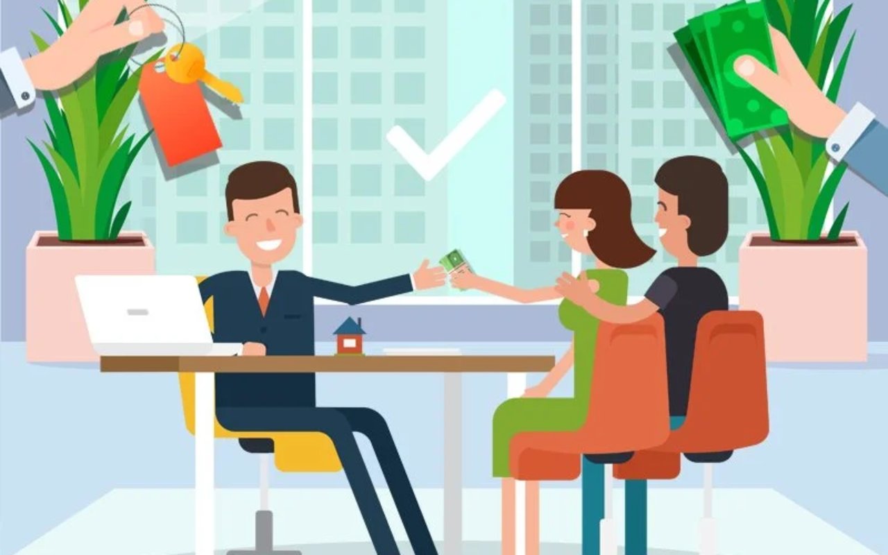 Real estate agent exchanges money with two clients across a desk, with keys and cash overhead.