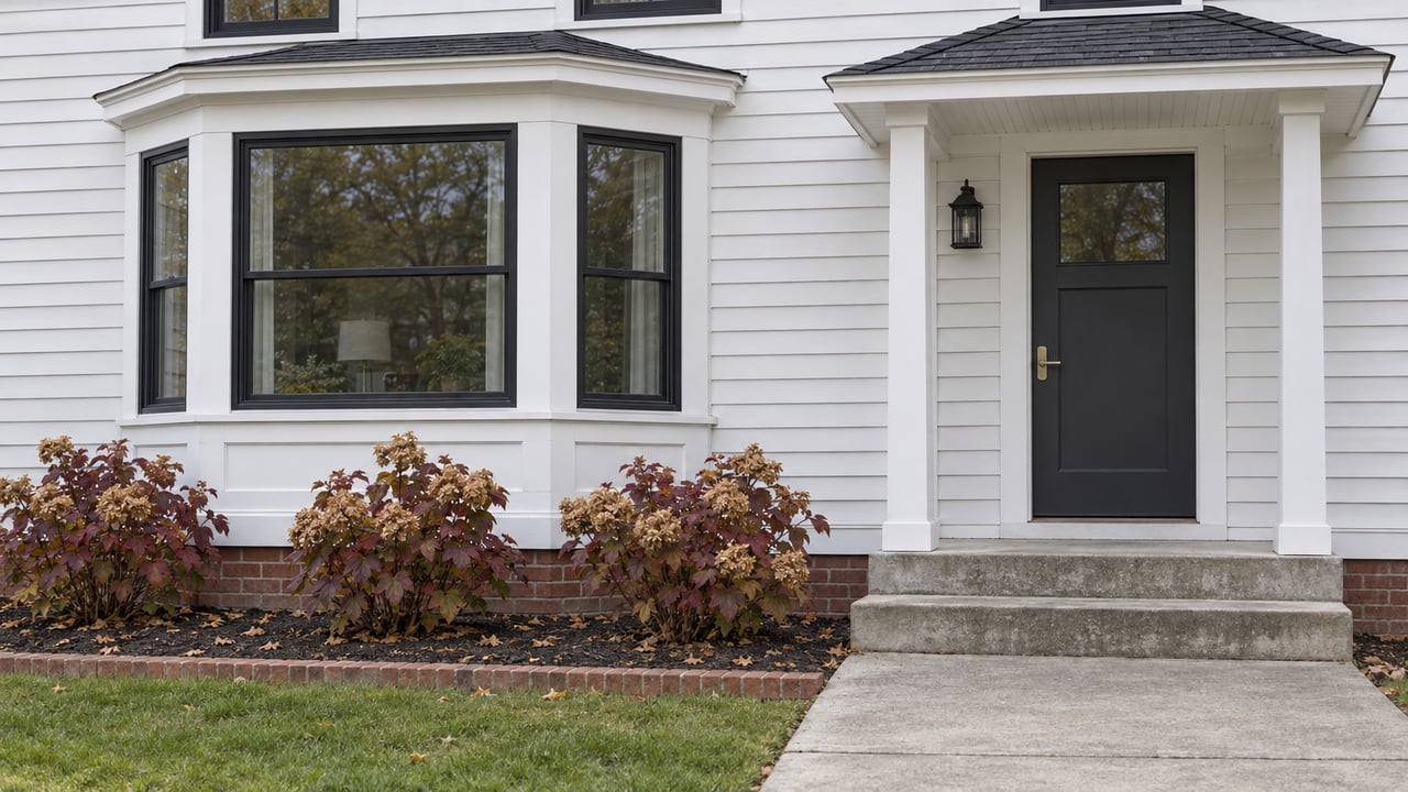 White clapboard home with black-framed bay windows, a charcoal front door, concrete steps and burgundy oakleaf hydrangeas.
