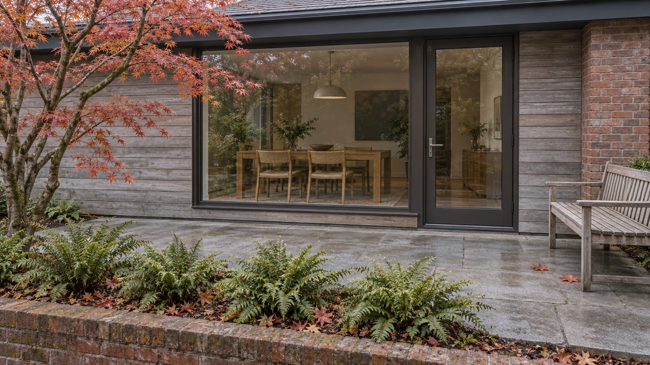 Cedar and brick home with enclosed dining-room windows overlooking a stone terrace, a teak bench and an autumn maple above sword ferns.
