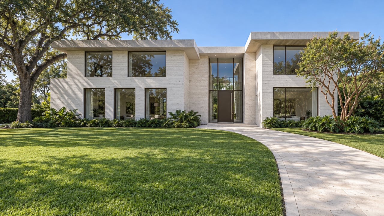 A broad white concrete and glass home beyond a deep green lawn, with a limestone entrance path and two sculptural specimen trees.