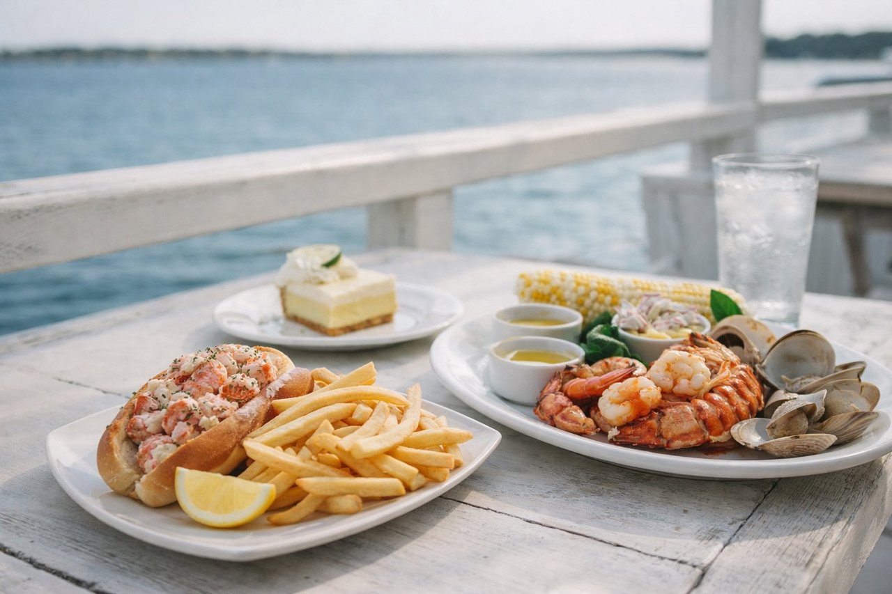 Lobster roll and seafood meal at a casual waterfront shack near Remsenburg