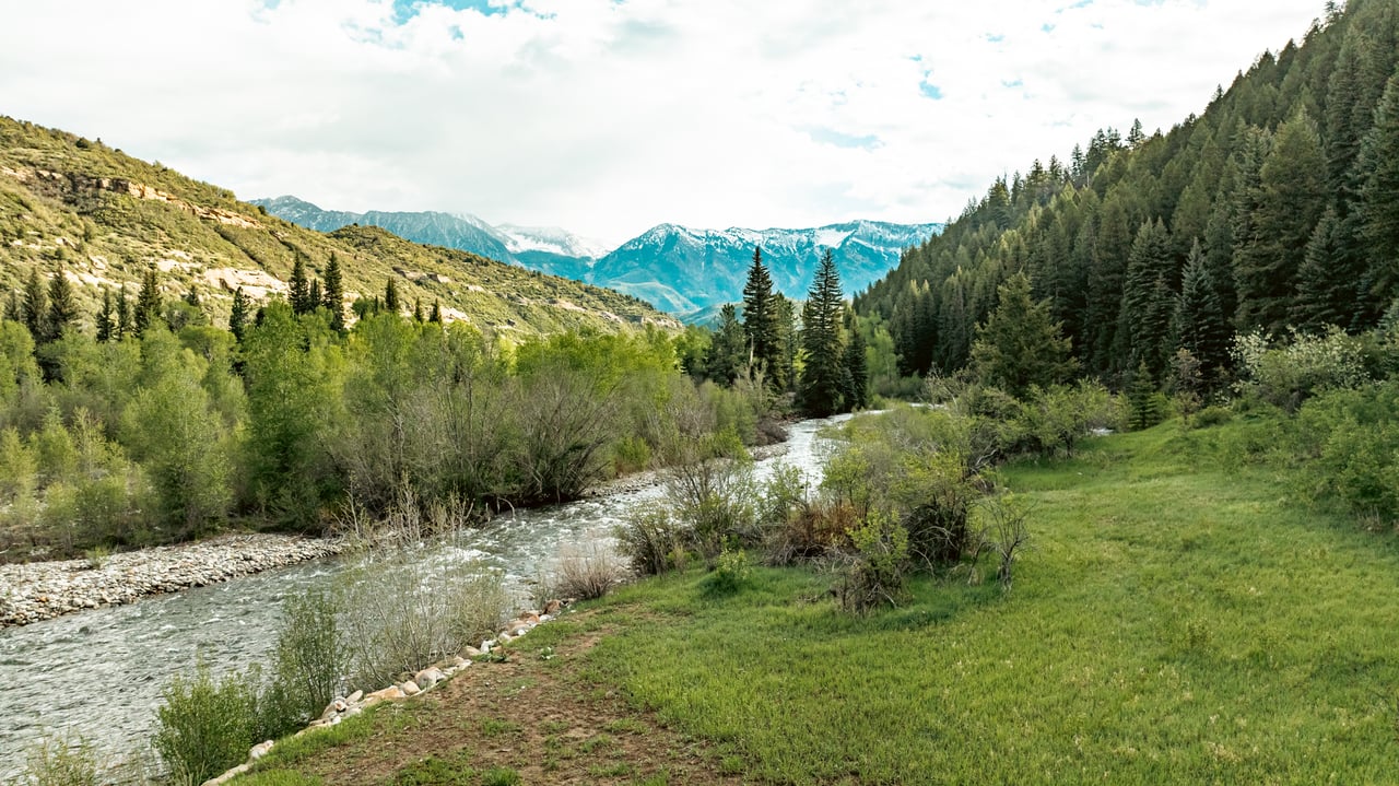 Mountain river winding through a green meadow beneath forested slopes and distant snowcapped peaks.