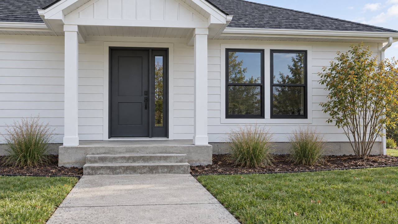 White-sided house with a small gabled porch, dark-framed windows, concrete front steps, and autumn planting.