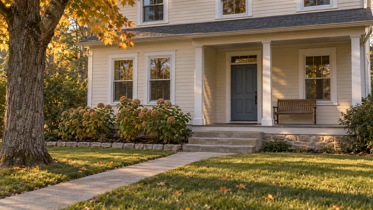 Autumn sunlight grazes an ivory wood-clad house, its covered porch and concrete approach beside amber maple foliage.