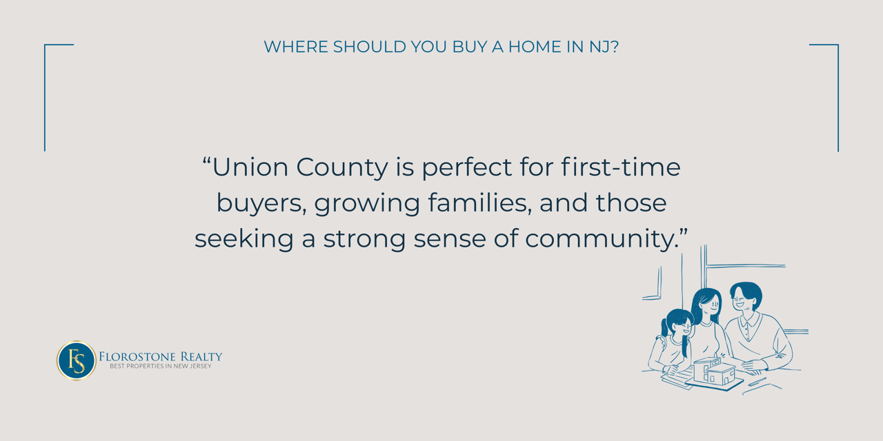 Modern beige-toned graphic with the quote “Middlesex County is a top choice for buyers seeking a balance of affordability, diversity, and accessibility.” Includes a minimalist line drawing of a train and small homes, symbolizing commute and community.