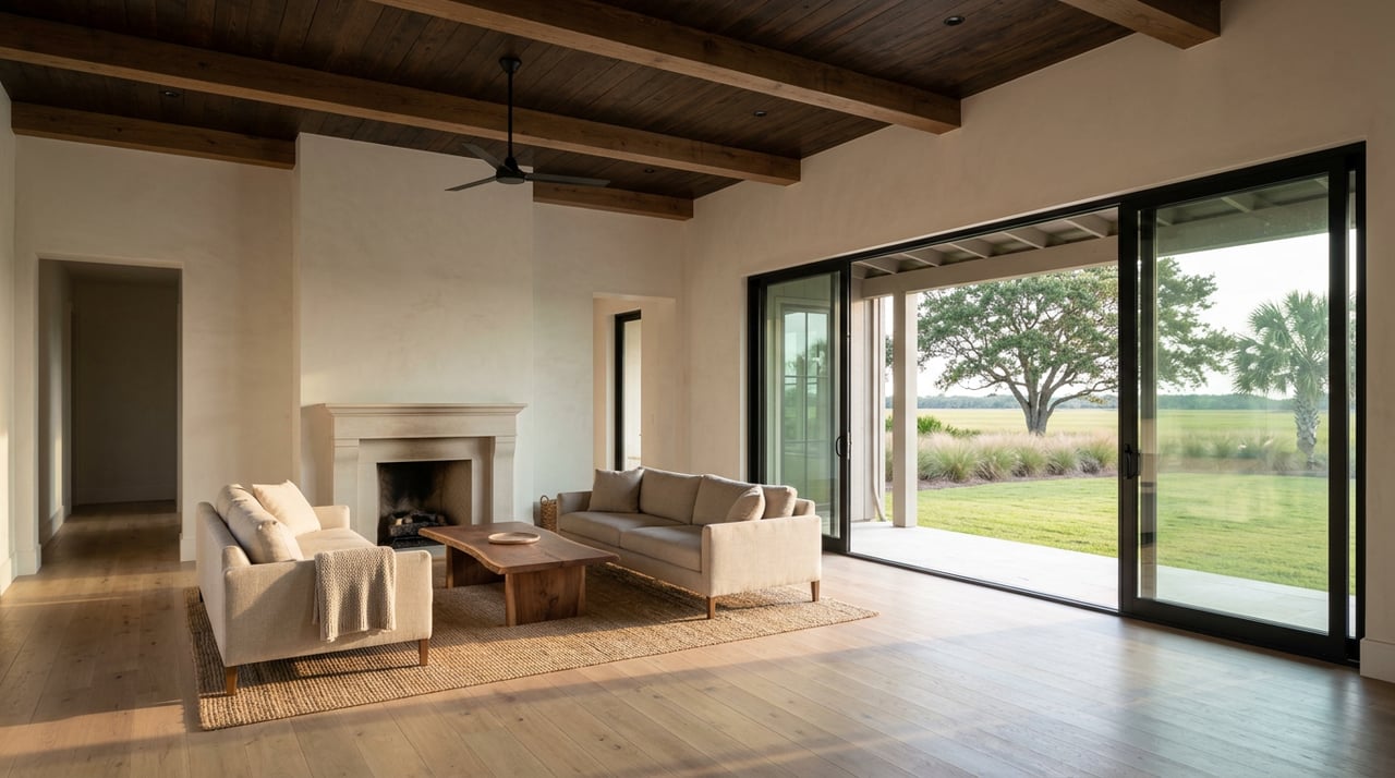 Coastal great room with a limestone fireplace, oatmeal sofas, and late-afternoon light through sliding glass doors.