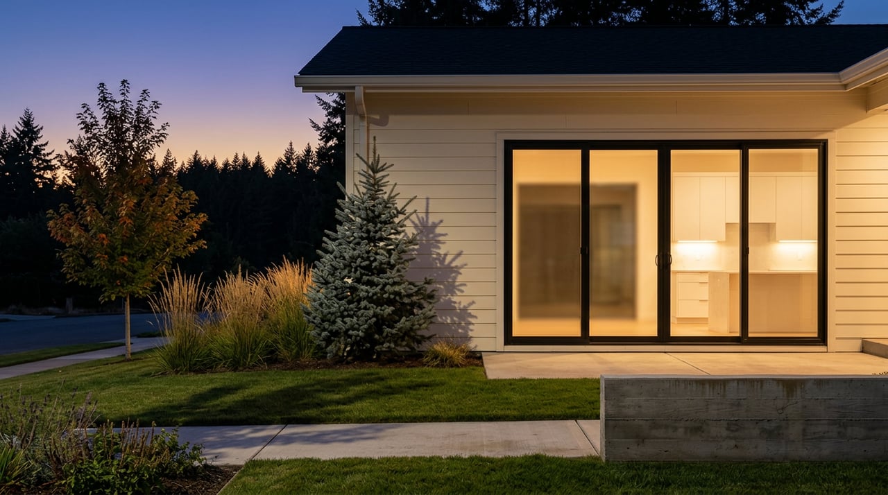 Dusk view of a white-sided home with glowing glass doors, a blue spruce, ornamental grasses, and a fall-colored maple.