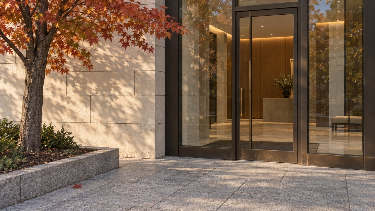Limestone residential entrance with bronze-framed glazing, a red-and-amber maple, and one fallen leaf on granite paving.