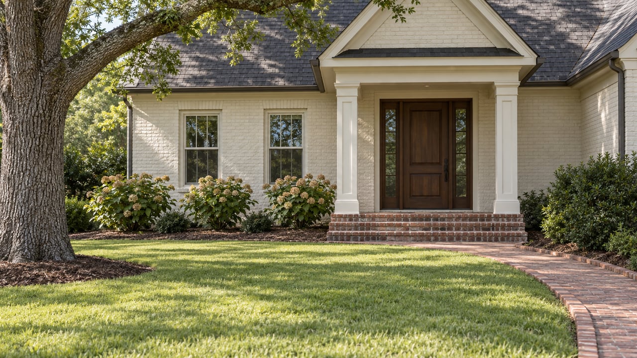 Ivory brick home with a steep entrance gable, walnut door, red brick steps, and broad lawn beside a mature white oak.