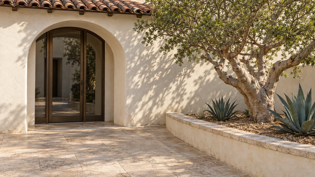 Cream plaster home entrance with a bronze-framed glass door, worn limestone forecourt, and a sculptural elephant tree in a raised planting bed.