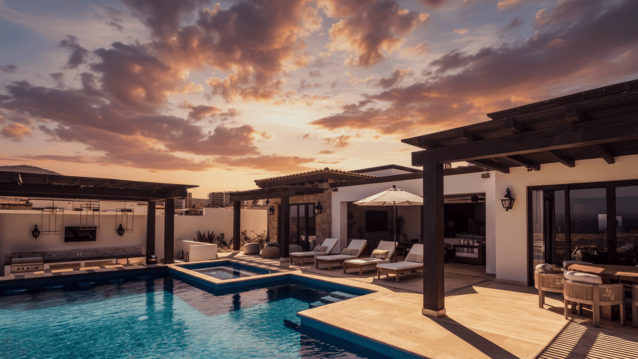 Coronado luxury home pool terrace at sunset in Quivira Los Cabos