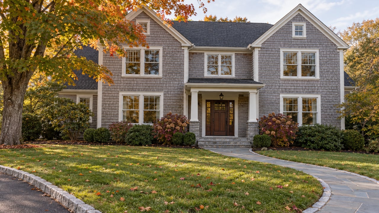 Silver-gray shingled home behind a deep autumn lawn, with a stone approach and a mature maple turning ocher and russet.