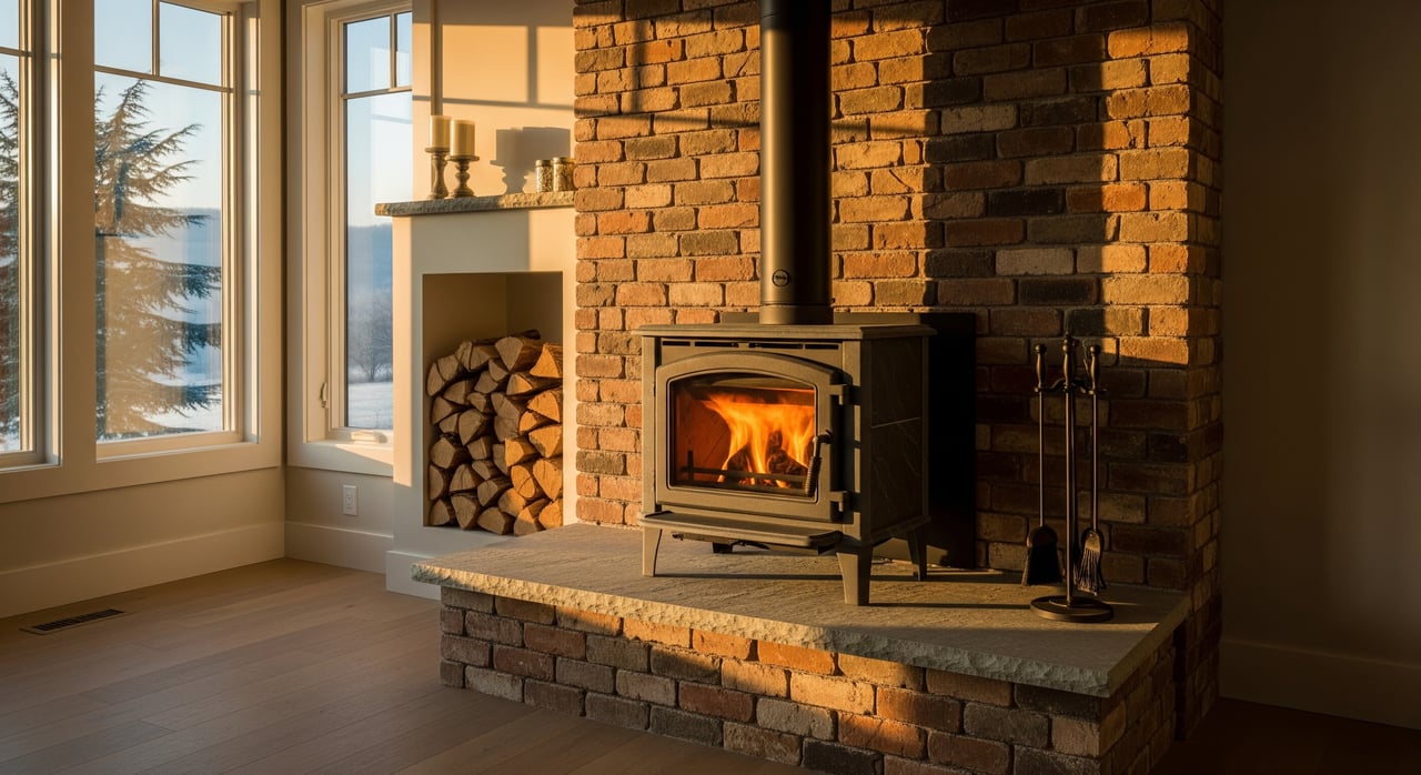 Wood-burning stove glows against a brick chimney, with stacked logs and tall windows beside it.