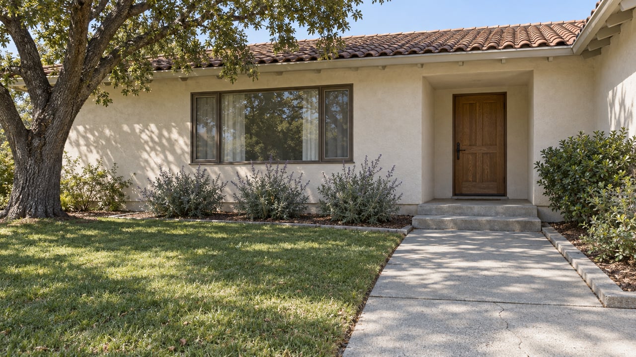 Sunlit stucco ranch house with a terracotta roof, oak front door, deep lawn, and mature oak tree.