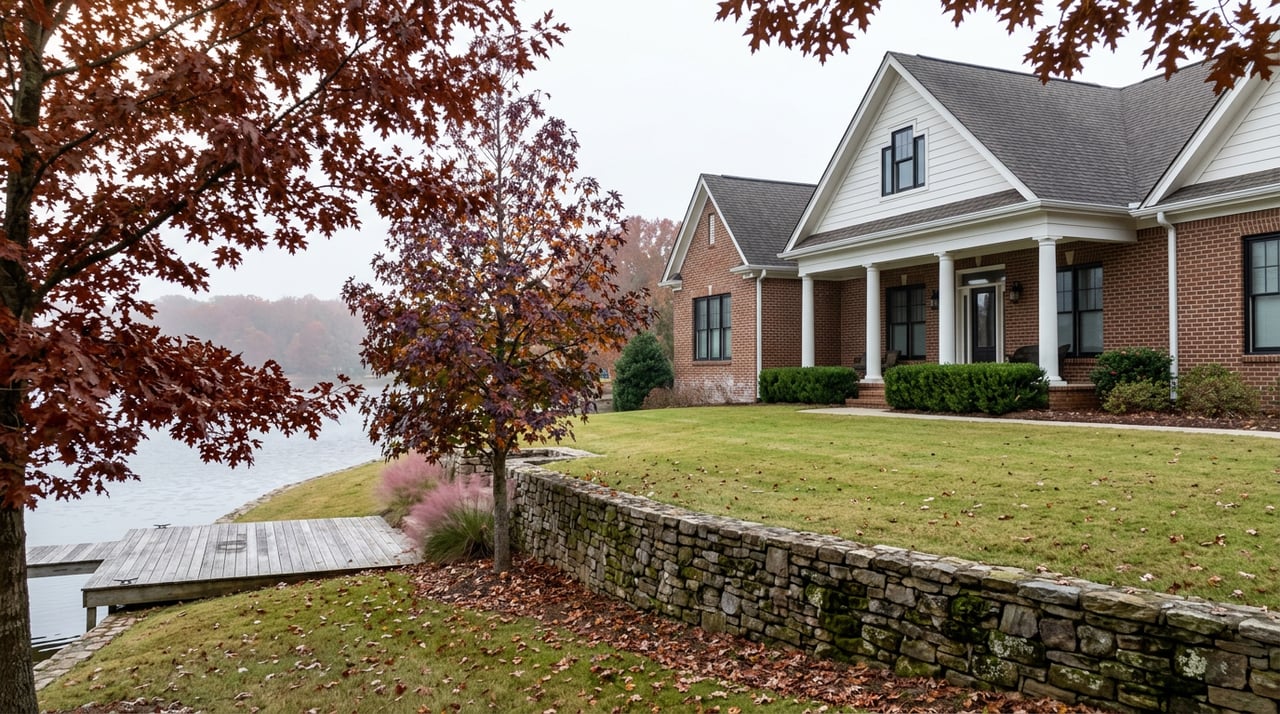 Brick lakefront house above sloping lawn, stone retaining wall, weathered dock, and russet trees.
