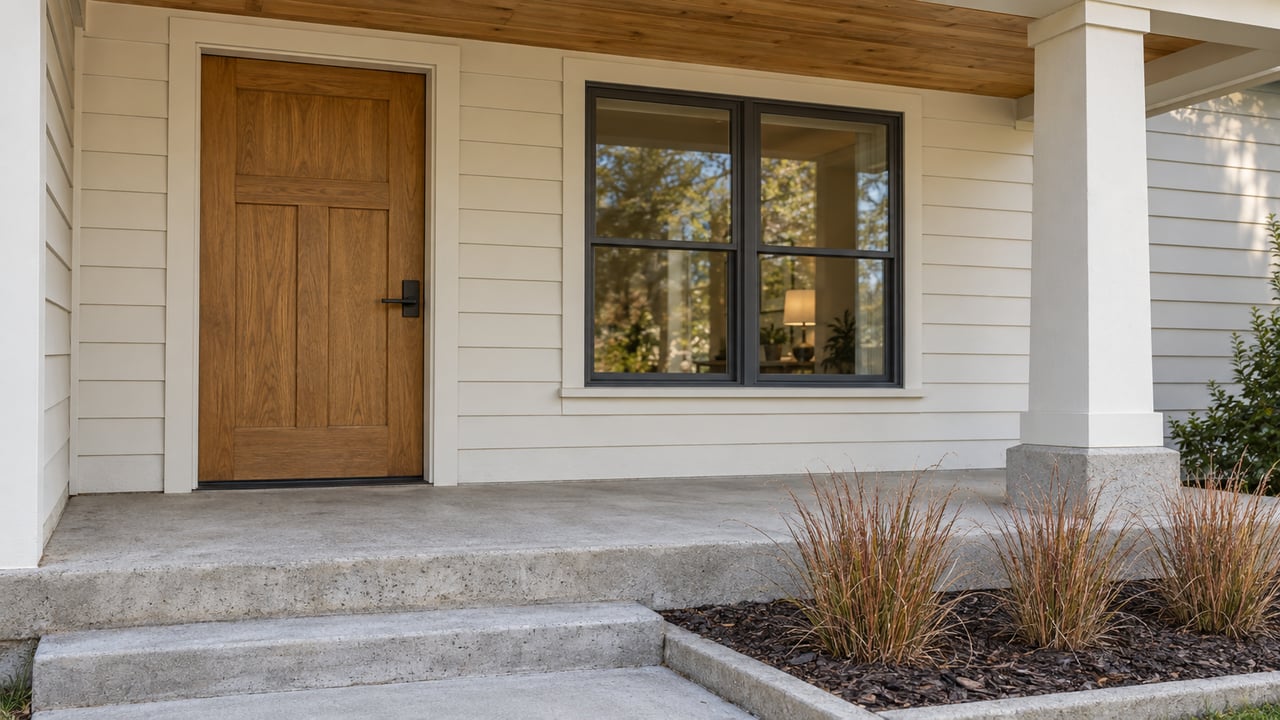 House entry with a wood front door, black-framed window, and covered porch with concrete steps.
