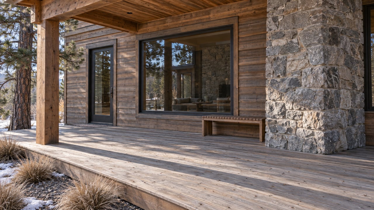Winter light crosses a weathered cedar deck beside large bronze-framed windows and a gray stone chimney, with a ponderosa pine and dormant Idaho fescue at the edge.