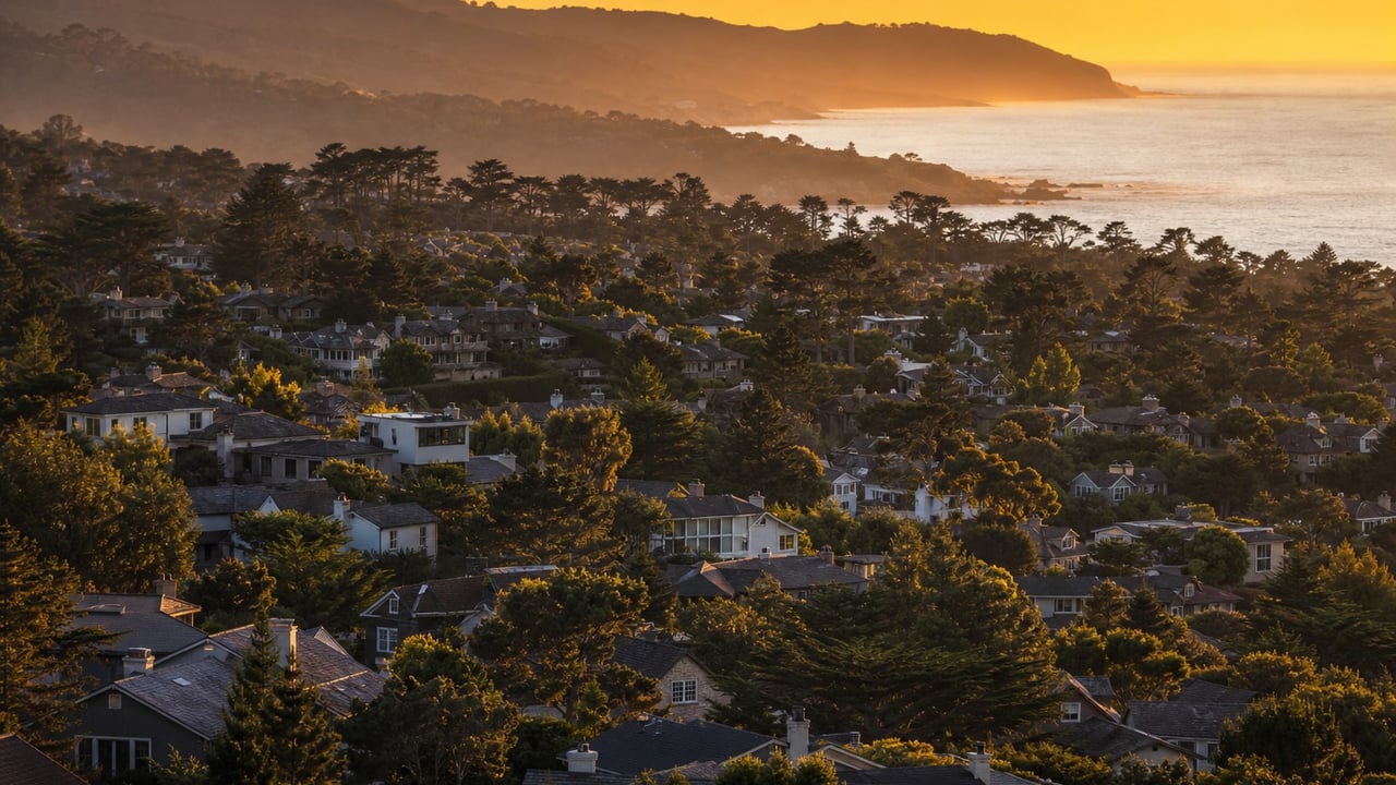Coastal neighborhood of homes and trees overlooking the ocean at sunset.