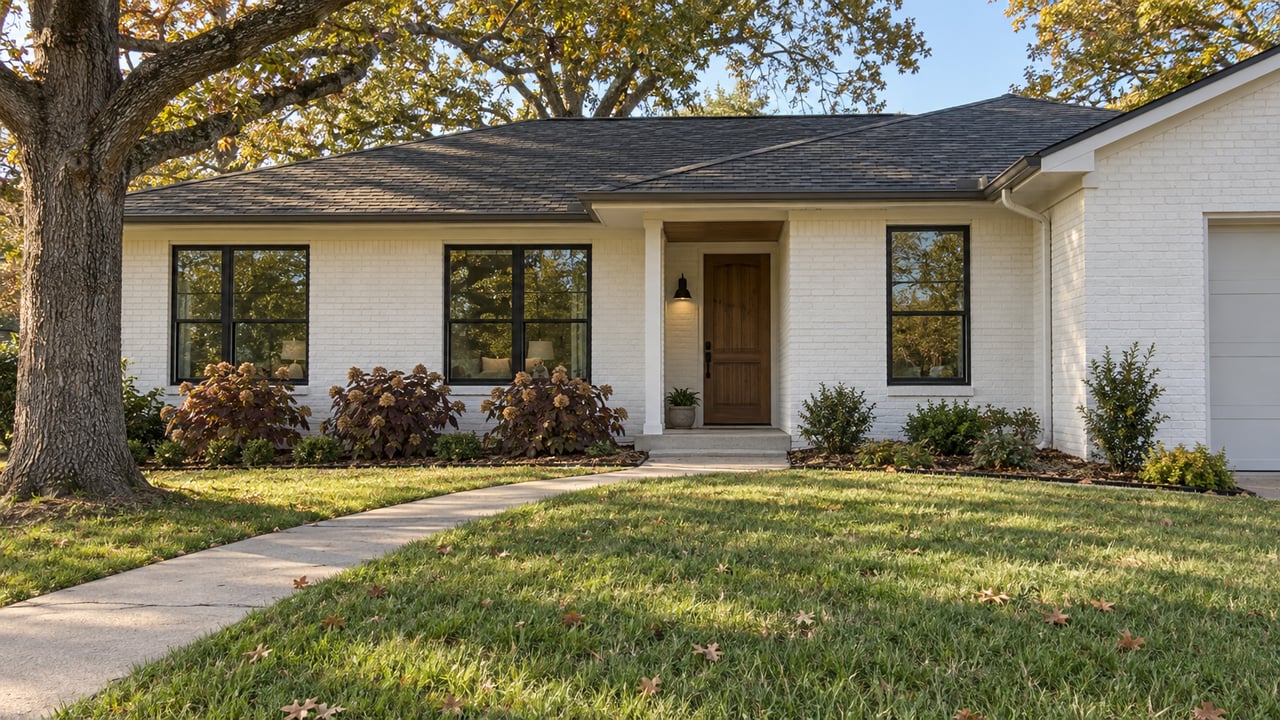 Painted-brick single-story home with black-framed windows, a deep front lawn and an oak canopy in autumn afternoon light.