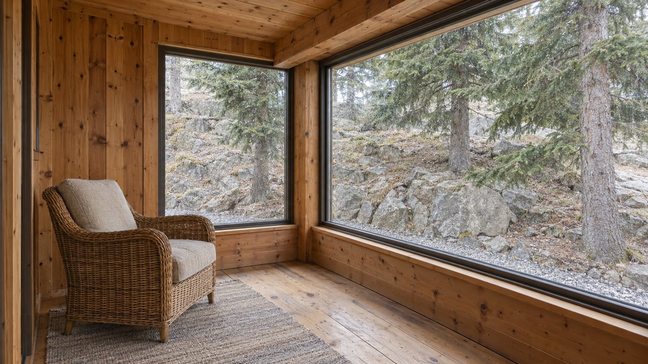 Honey-toned timber sunroom with a woven chair, worn plank floor, and large sealed windows facing spruce trees and a rocky bank.