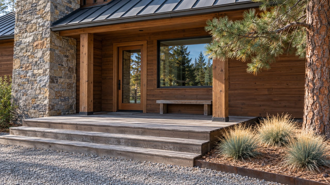 Timber home's glazed side entry and broad wooden steps beside a stone chimney and a ponderosa pine in cool autumn light.