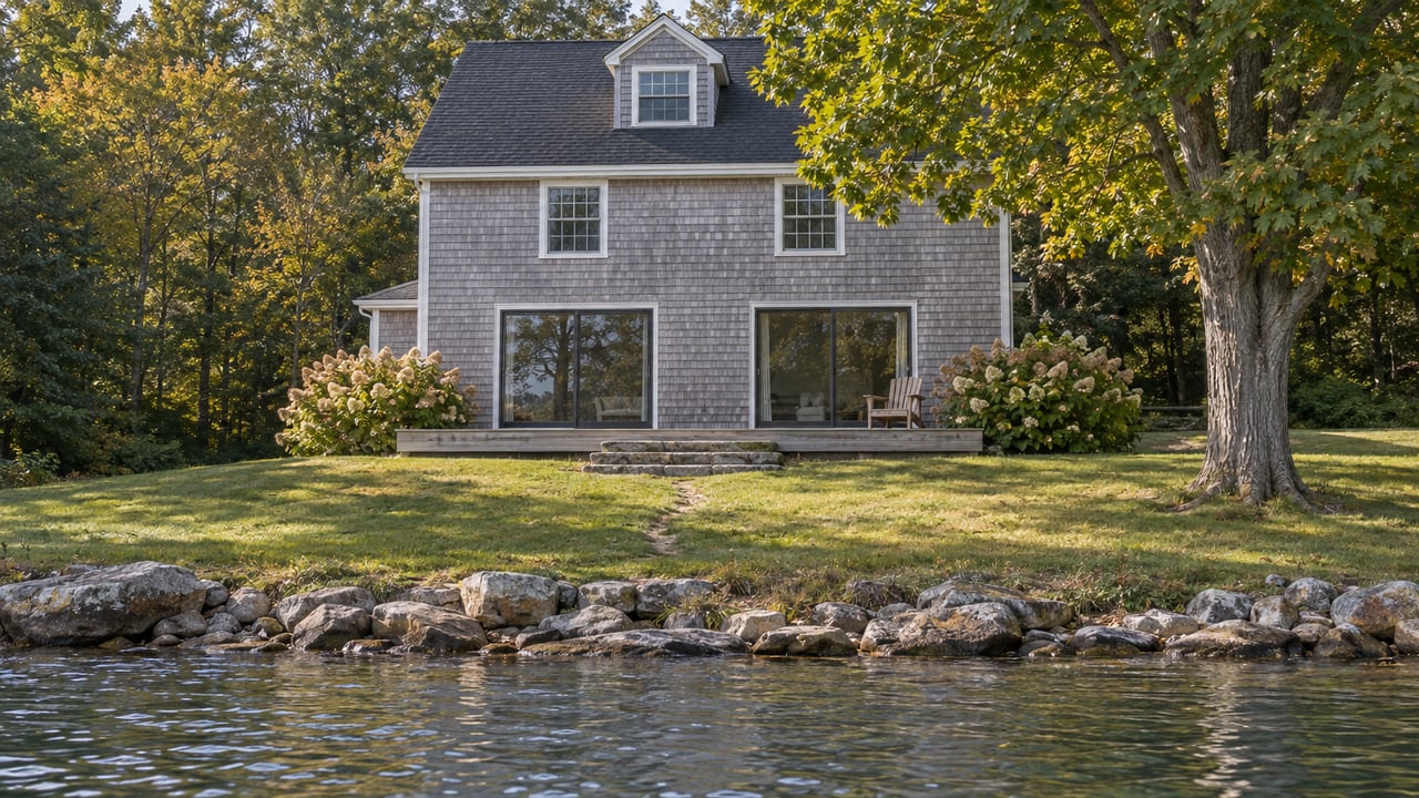 Two-story gray-shingled cottage behind a sloping lawn, with cedar terrace above a stone-lined lakeshore.