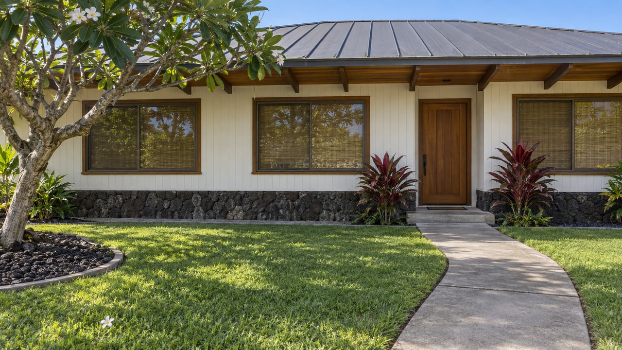 A modest white home with stained wood eaves, bronze-framed windows and a lava-stone foundation beyond a small planted front garden.