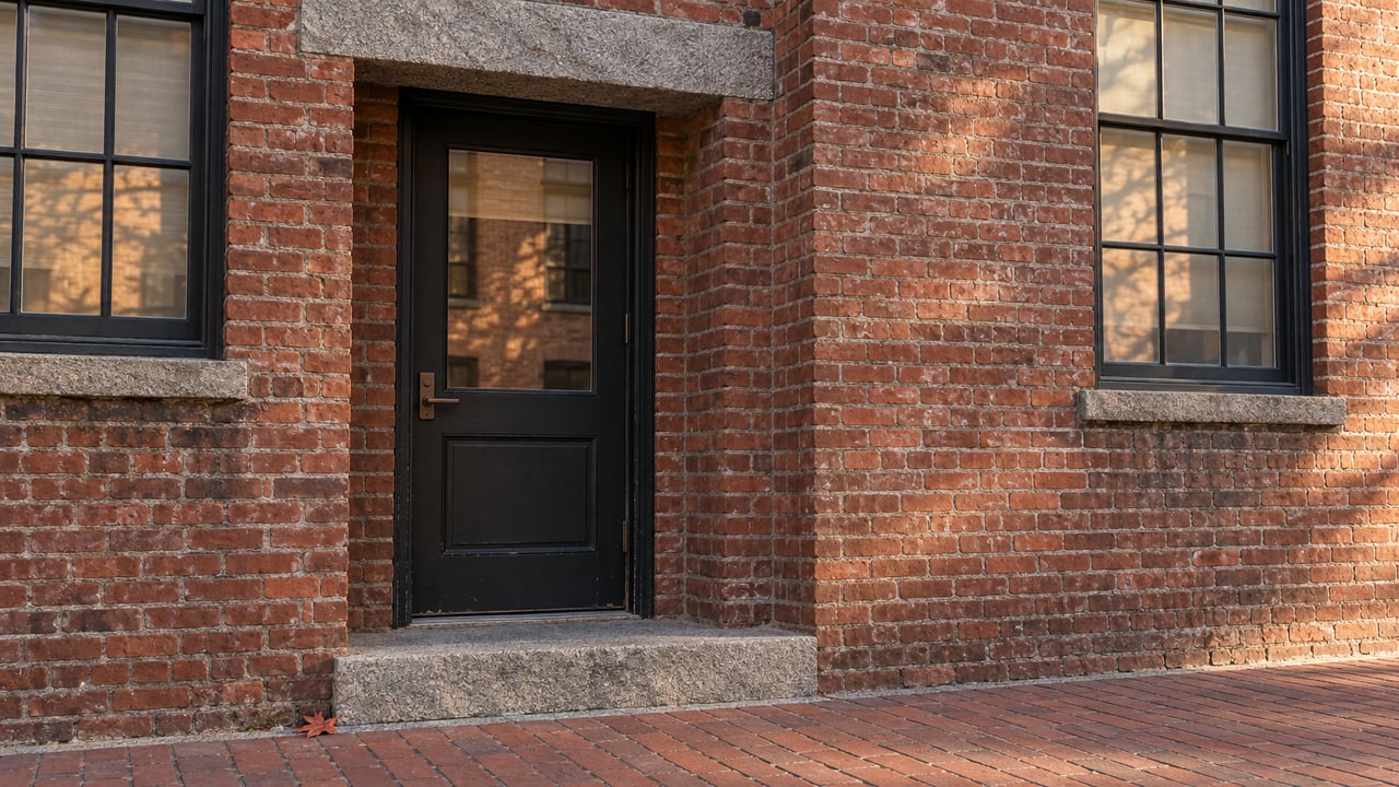 Sunlight grazing a red-brick residential entrance with a black glazed door, granite step and worn clay-paver sidewalk.