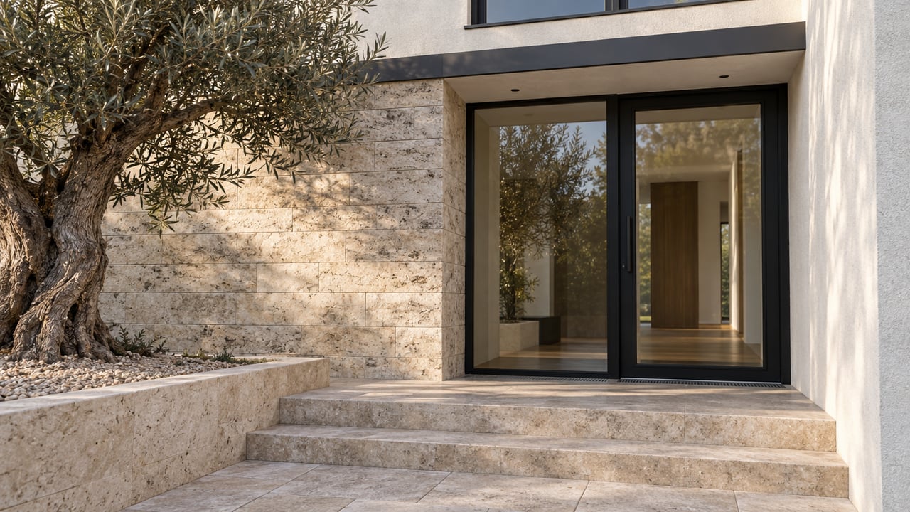 Modern home entrance with black-framed glass doors, pale stone steps, and an olive tree planter.