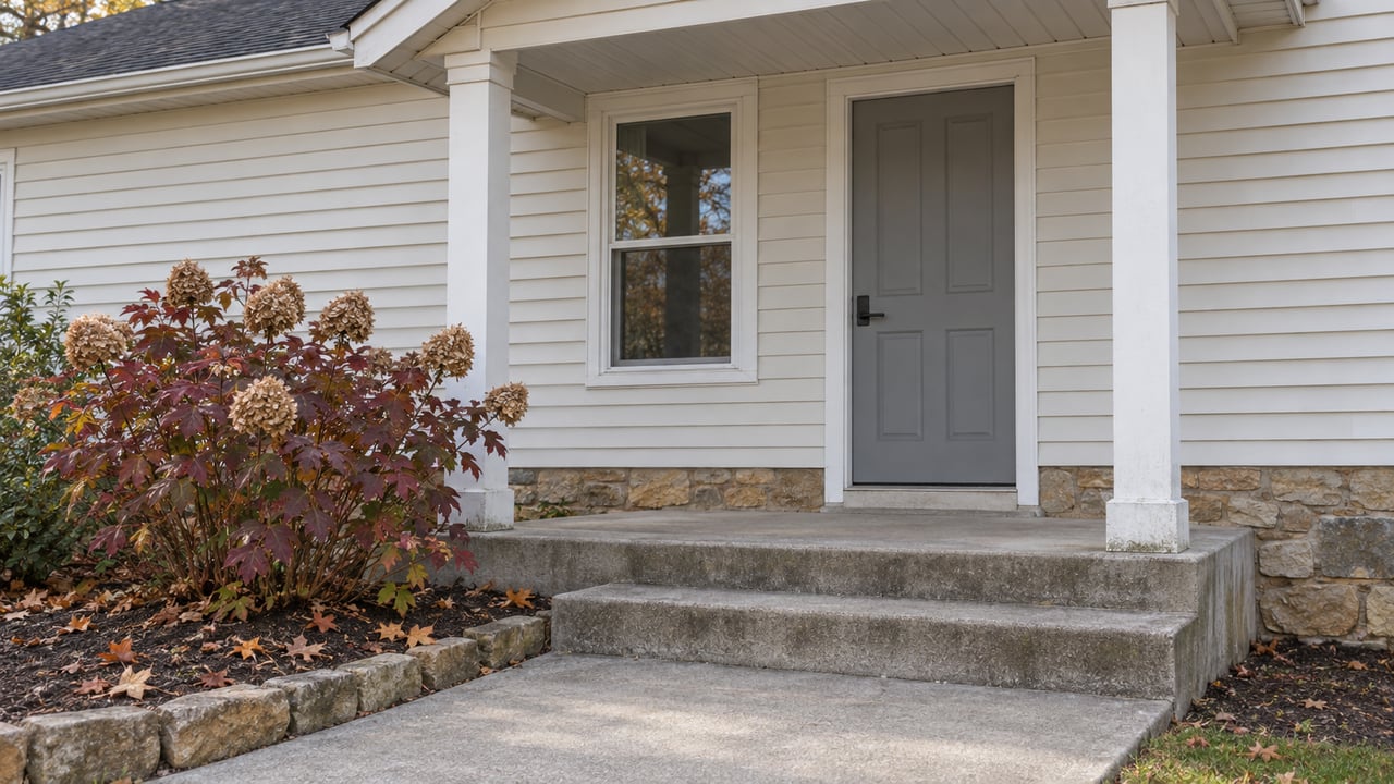 A modest ranch home's sheltered entry with white siding, gray door, concrete steps and burgundy oakleaf hydrangea foliage.