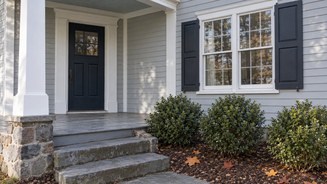 Pale-gray clapboard home with a navy front door, white porch trim, weathered bluestone steps and inkberry shrubs.