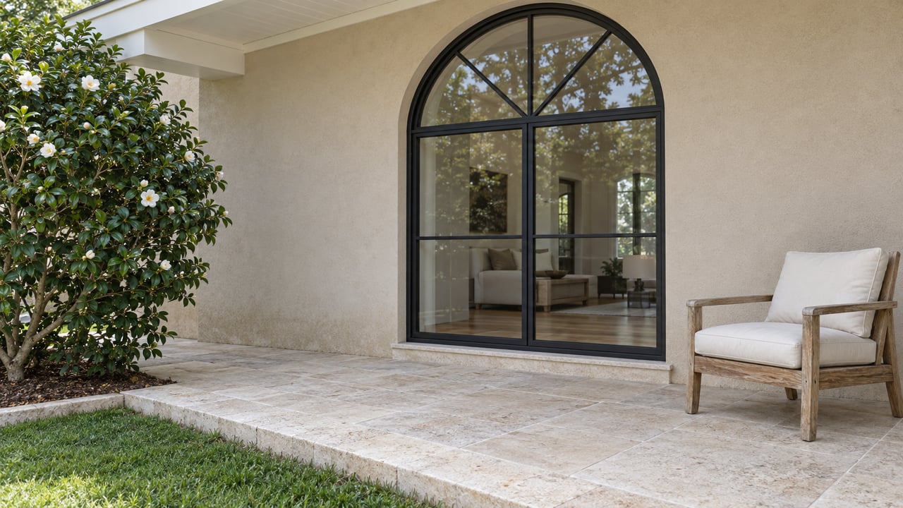 Sand stucco terrace with a tall arched black-framed window, weathered teak lounge chair, pale limestone paving and a mature camellia.