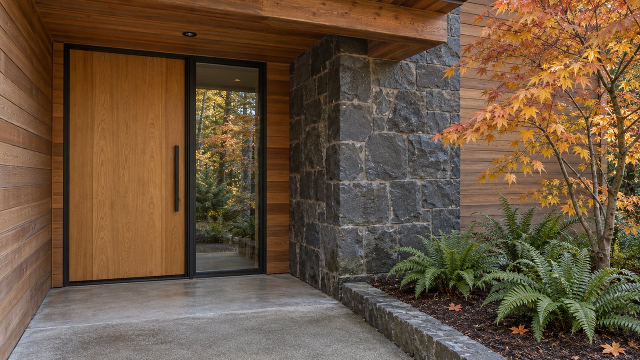 Cedar-clad home entrance beneath a timber overhang, with a basalt pier, vine maple, and sword ferns beside a concrete landing.