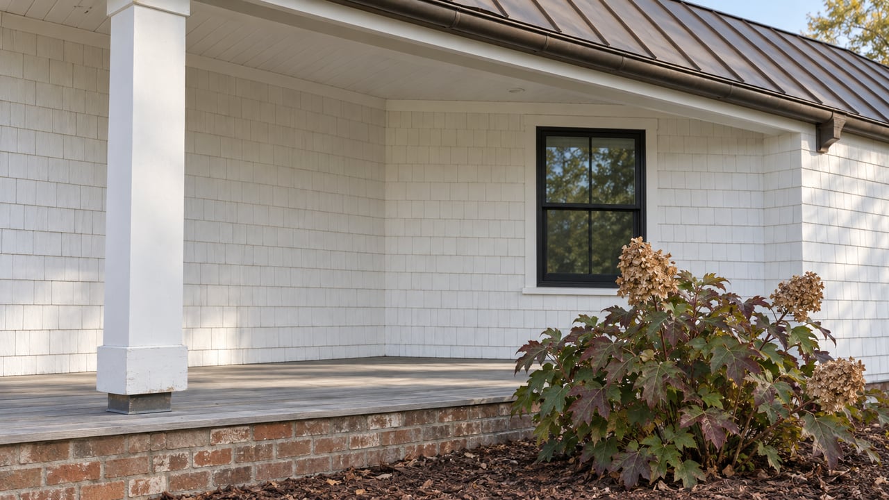White shingle home with a bronze porch roof, black-framed window, raised brick foundation and burgundy oakleaf hydrangea in morning light.