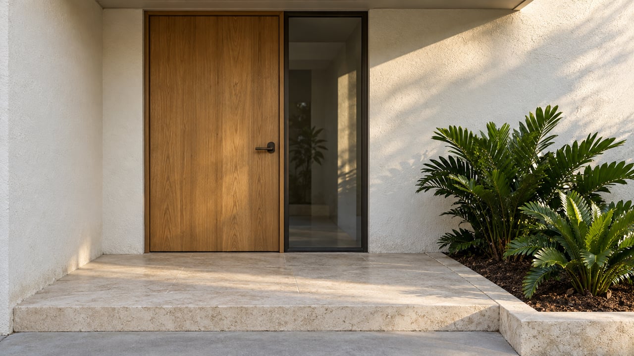 Close view of a white stucco home's oak front door, bronze-framed sidelight and limestone entrance landing beside two coontie plants.