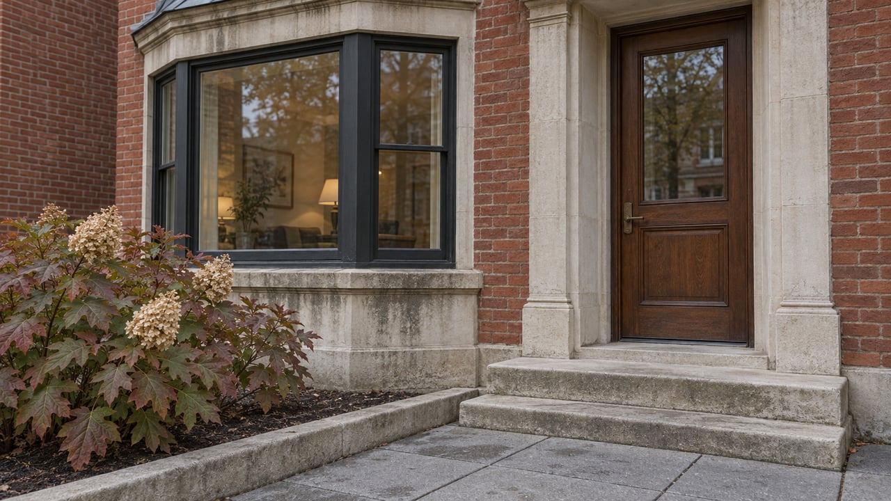 Red-brick home entrance with a stained-oak door, limestone steps, bay window and russet oakleaf hydrangea.