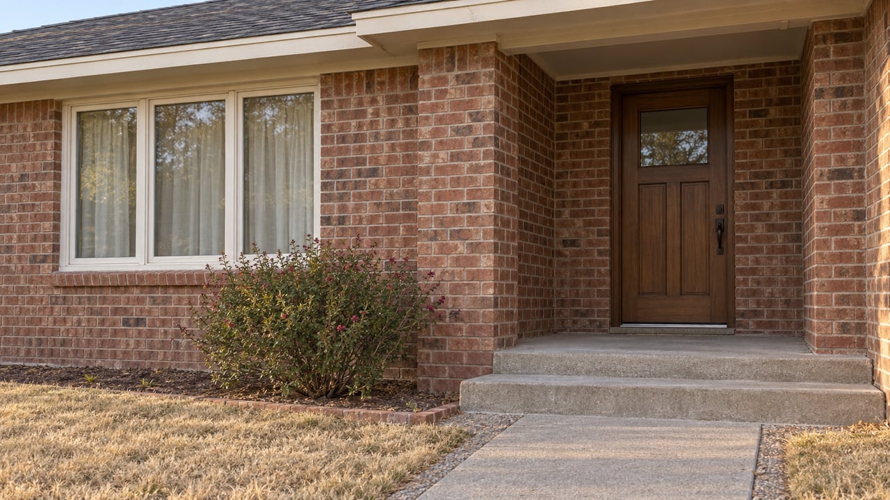 Warm afternoon light across a weathered brick home's recessed timber doorway, ivory-framed window and concrete front steps.
